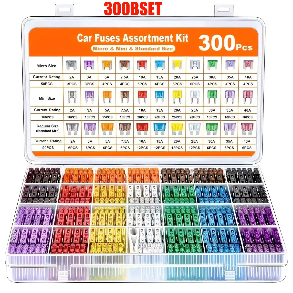 A large assortment kit of car fuses categorized by size and current rating, including micro, mini, and standard sizes.