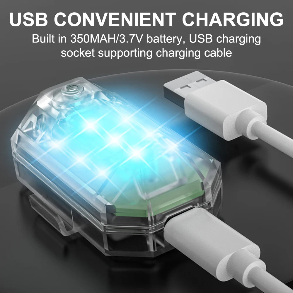 A clear plastic battery pack with a blue glow is shown next to a USB charging cable.