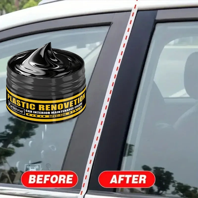 Comparación antes y después de la restauración de plástico y cuero en el interior de un coche sobre un cristal.
