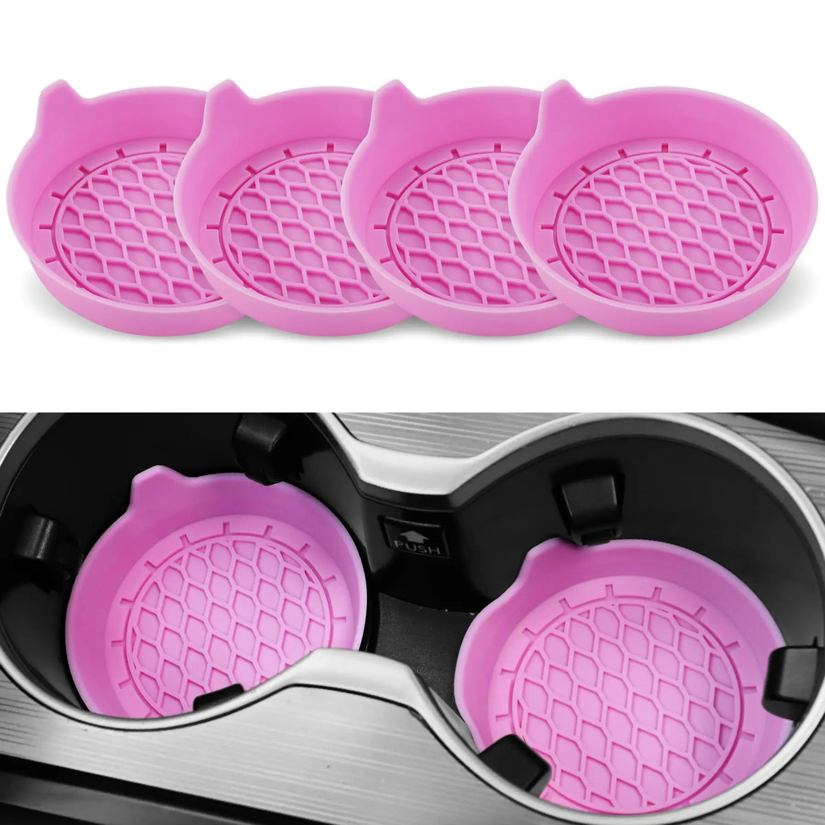 A set of pink silicone cup holder coasters shown individually and inside a black holder.