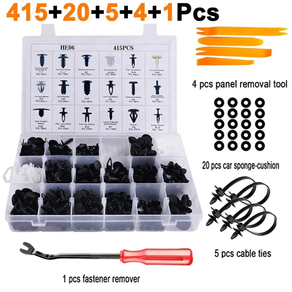 A set of automotive fasteners including rivet clips, sponge cushions, cable ties, and a fastener remover tool.
