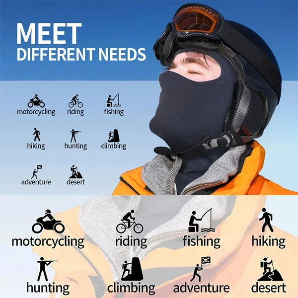Eine Person mit schwarzer Balaclava-Maske und Helm neben Symbolen für verschiedene Outdoor-Aktivitäten
