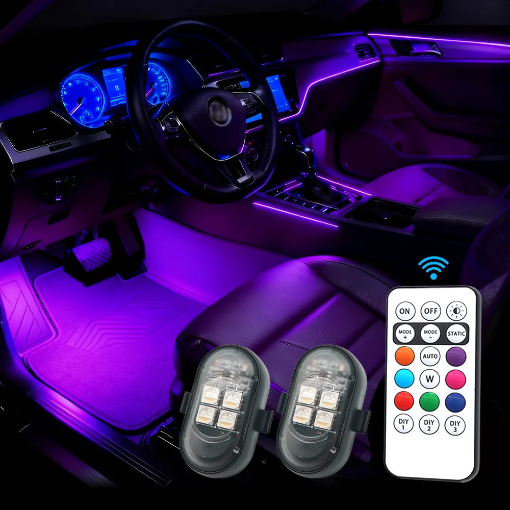 Wireless RGB car LED lights with remote control installed in a car interior