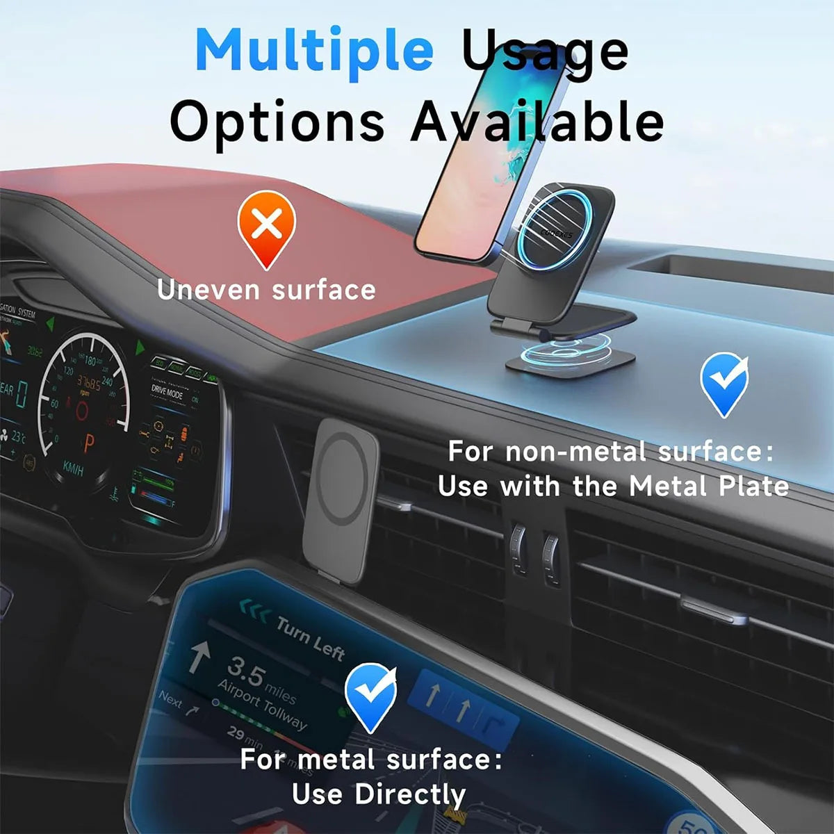 A phone holder device is shown with multiple usage options for uneven and metal surfaces in a car context.