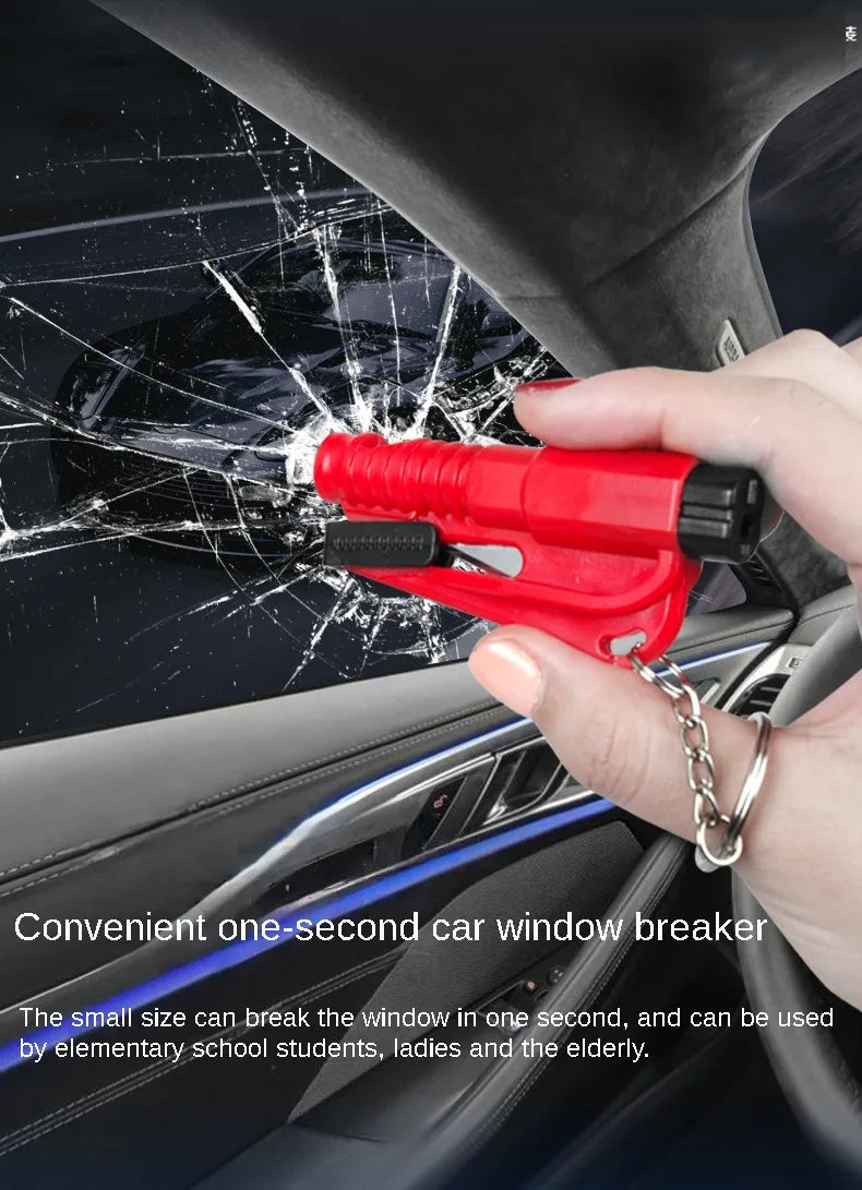 A hand uses a red tool to break a car window, demonstrating a convenient one-second window breaker.