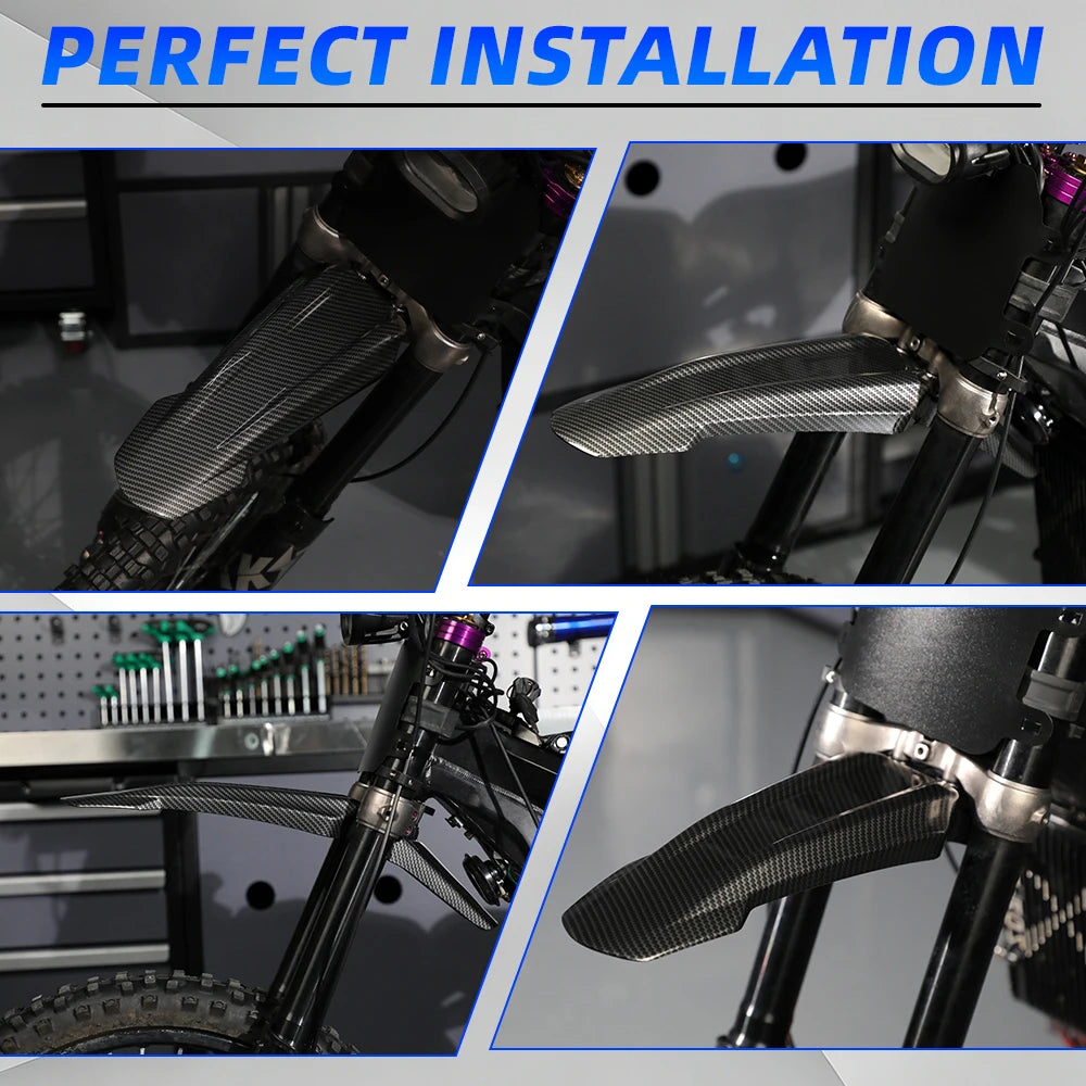 Close-up view of a black universal motorcycle fender installed on an e-bike, showing perfect fit.