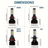 Diagram showing dimensions for various car LED bulbs including 9005, 9006, and H4 types.