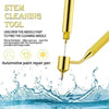 A gold cleaning tool is shown applying water to a surface, demonstrating how to find the cleaning needle for automotive paint