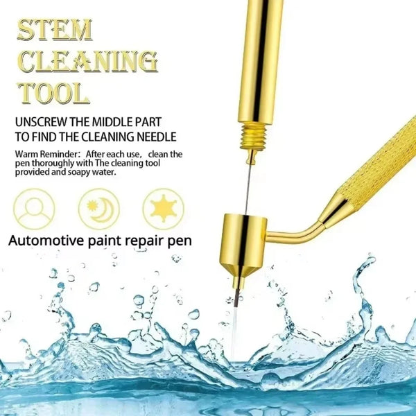 A gold cleaning tool is shown applying water to a surface, demonstrating how to find the cleaning needle for automotive paint