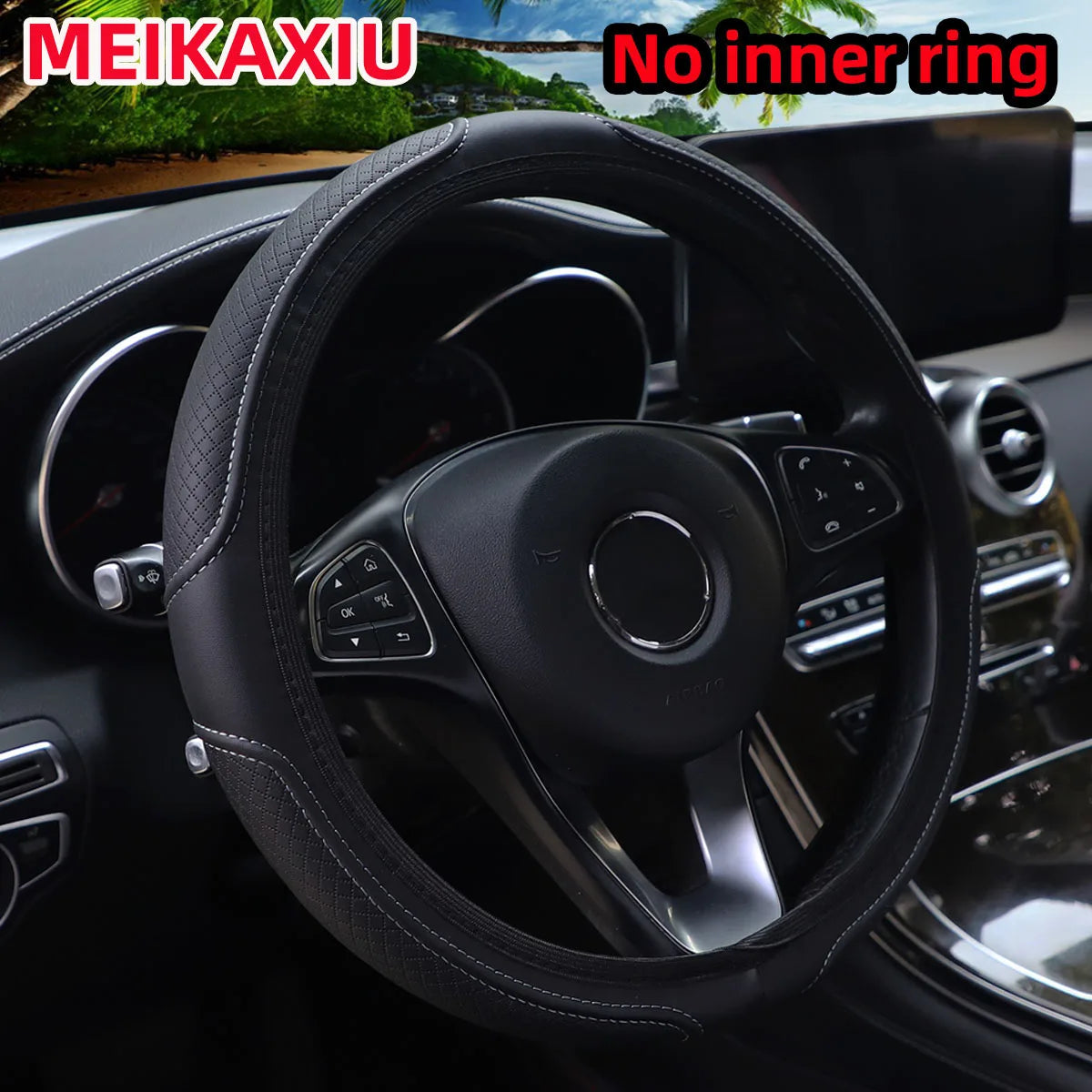 Black PU leather embossed steering wheel cover inside a car