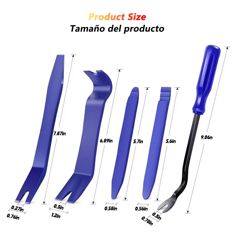 A set of blue plastic tools for removing car trim, including various shaped tools and sizes.