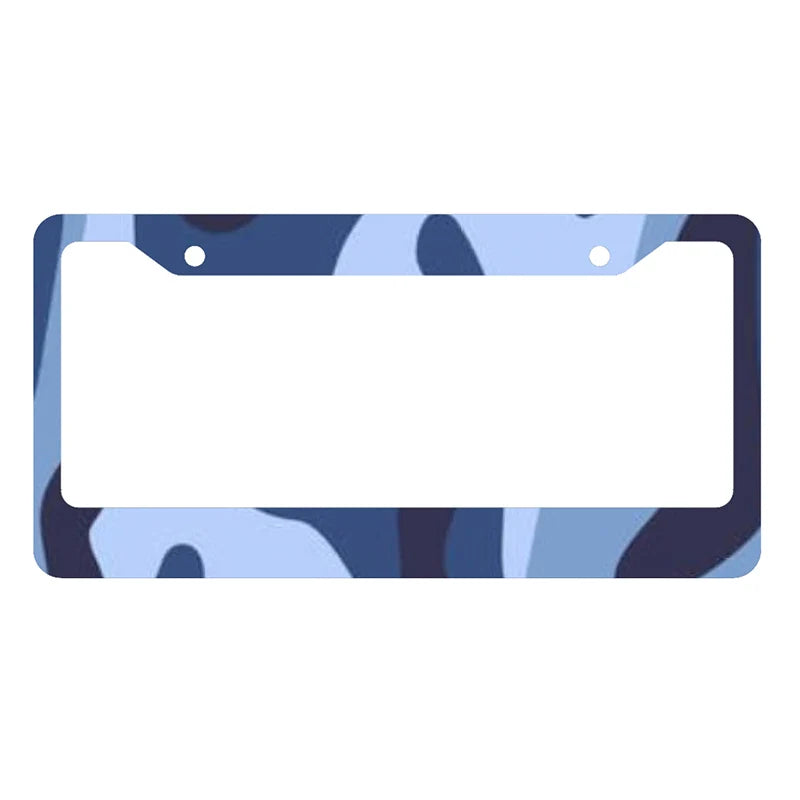 A rectangular license plate cover with a blue and dark gray camouflage pattern.
