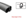A close-up view of a black U-shaped door edge seal strip with various dimensions marked.