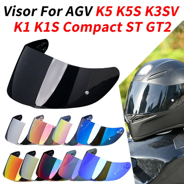 A collection of various colored visor lenses for AGV K5 K5S K3SV K1 K1S Compact ST GT2 motorcycle helmets.