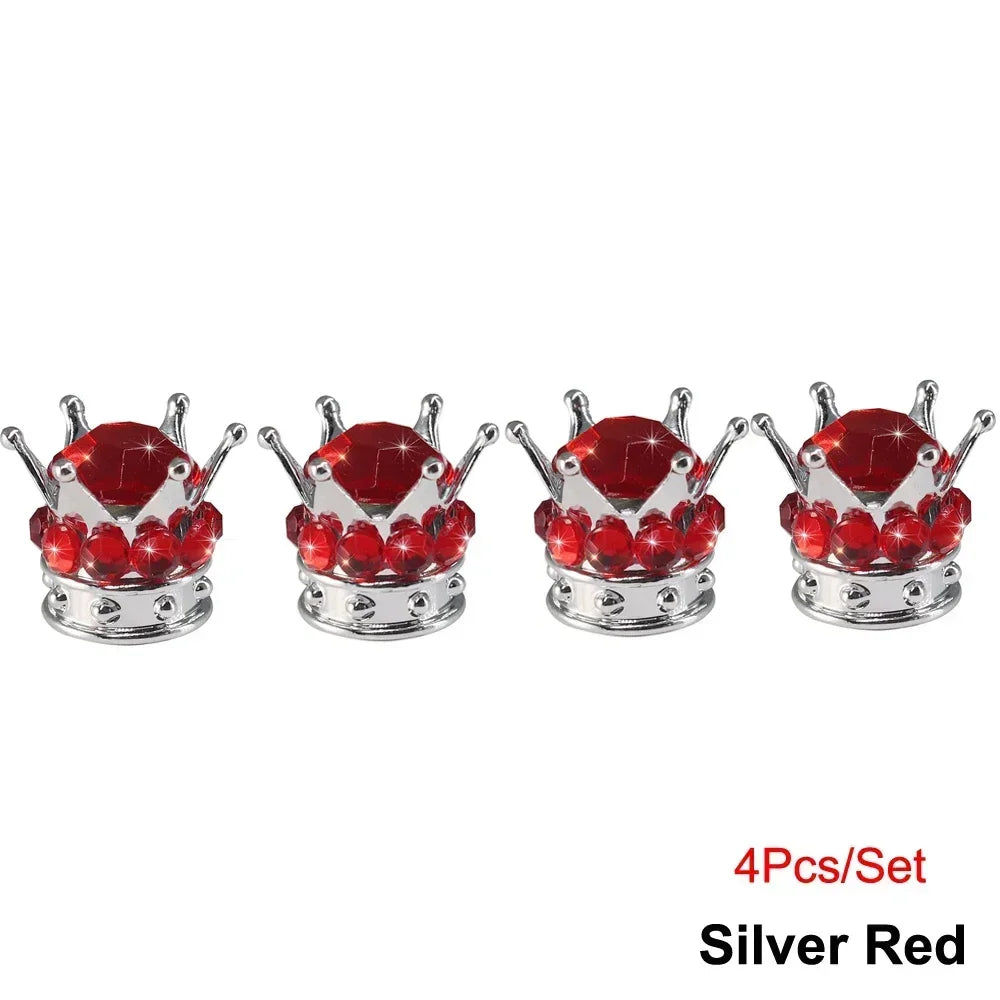 Set of four silver red diamond rhinestone tire valve caps