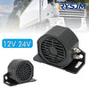 A black 12V 24V reversing alarm horn is shown next to a white truck and a separate mounting bracket.