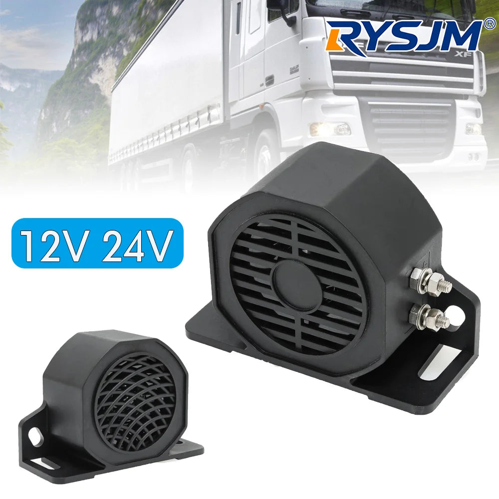 A black high-decibel backup horn is shown next to a white truck and electrical voltage labels 12V 24V.