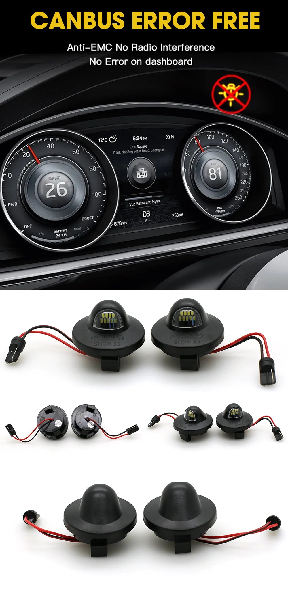 Set of high brightness automotive LED license plate lights for vehicle installation