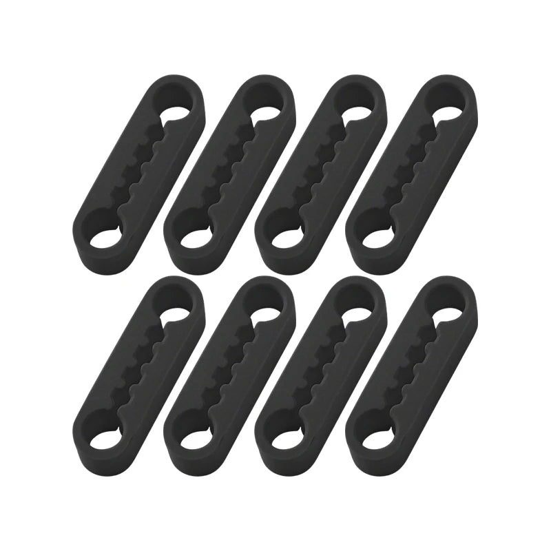 A set of eight black silicone car door lock covers or anti-vibration pads.