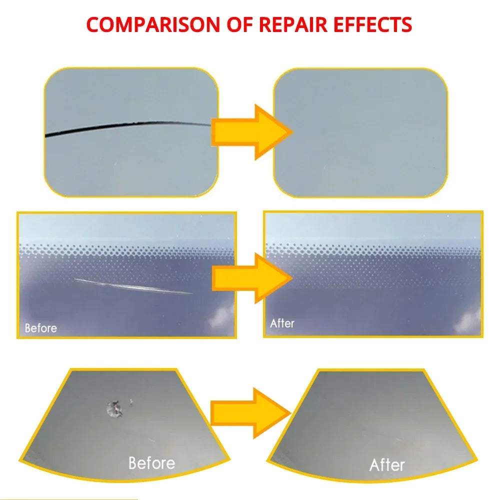 Comparison of repair effects showing crack healing and surface restoration on a car windshield