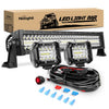 A black LED light bar and multiple auxiliary pods with a wiring harness are displayed on a box.