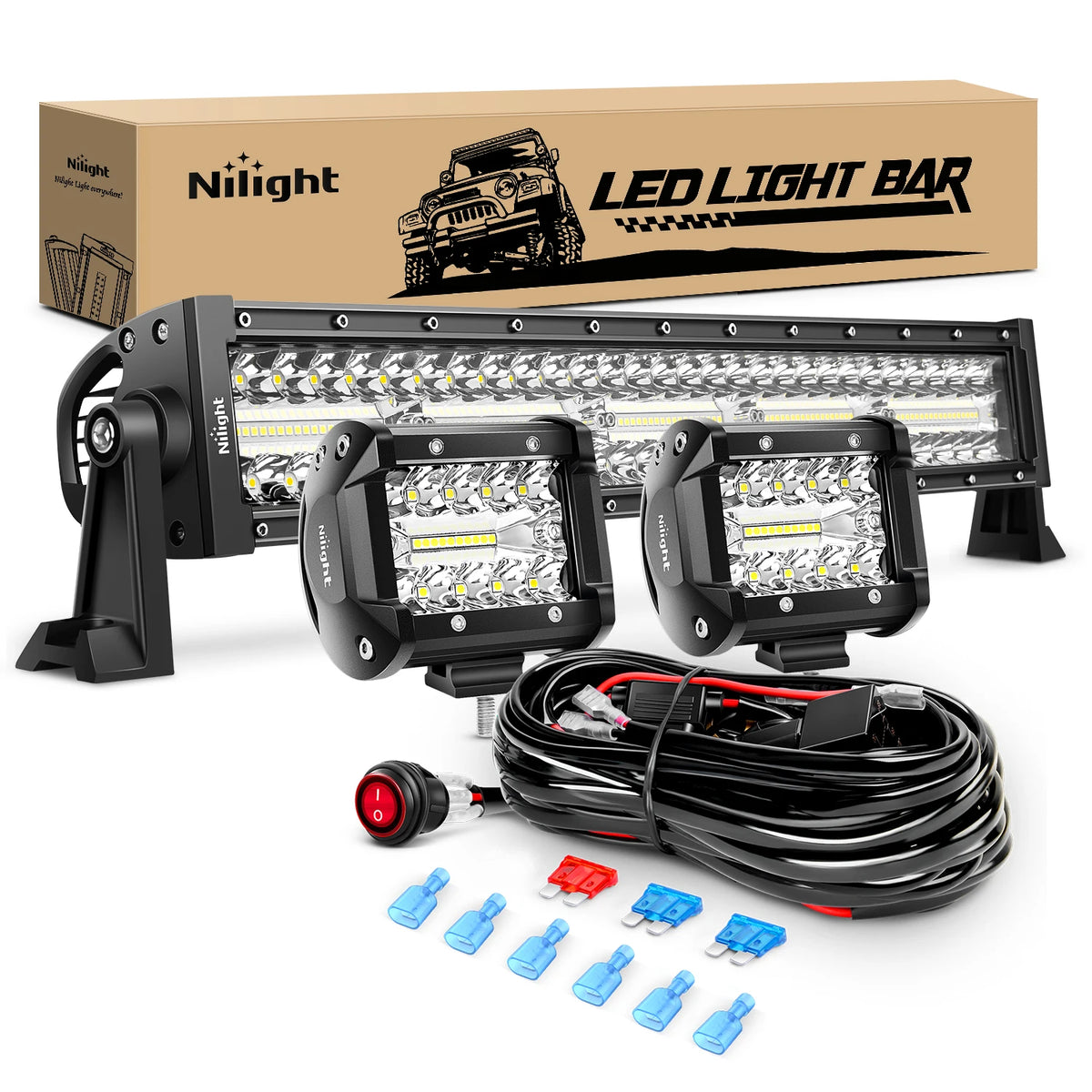 A black LED light bar and multiple auxiliary pods with a wiring harness are displayed on a box.