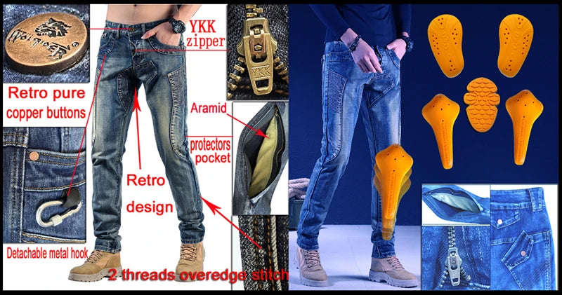 A pair of dark blue jeans is shown alongside various hardware and accessories for a motorcycle cover.