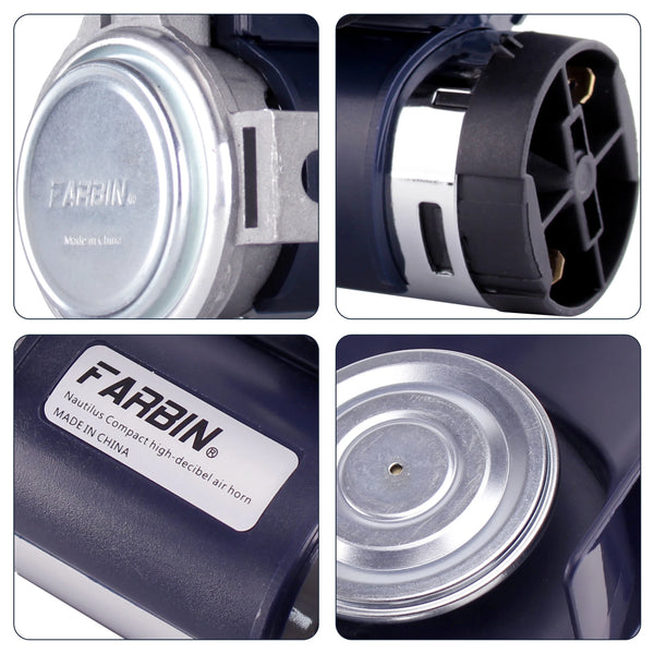 Close-up views of a Farbin compact high-decibel air horn product including the horn and housing components.