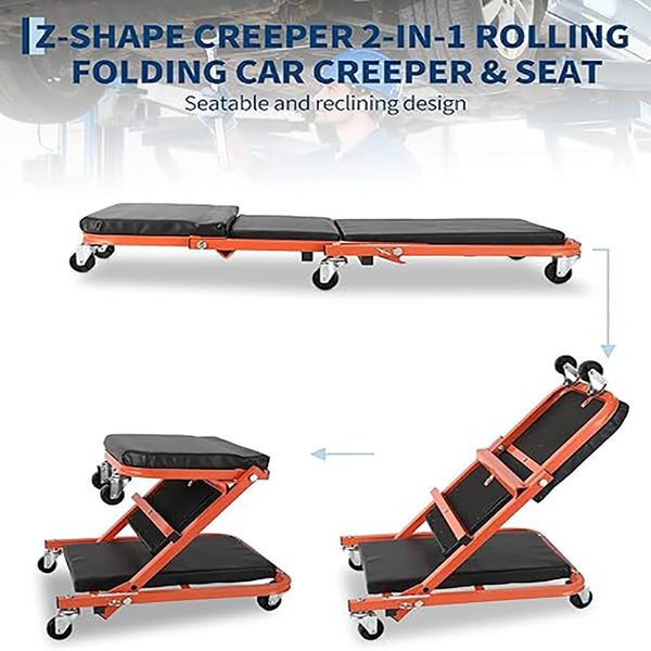 Asiento trepador en forma de Z naranja y un transepto para coche, mostrados en diversas configuraciones plegadas y sentadas.