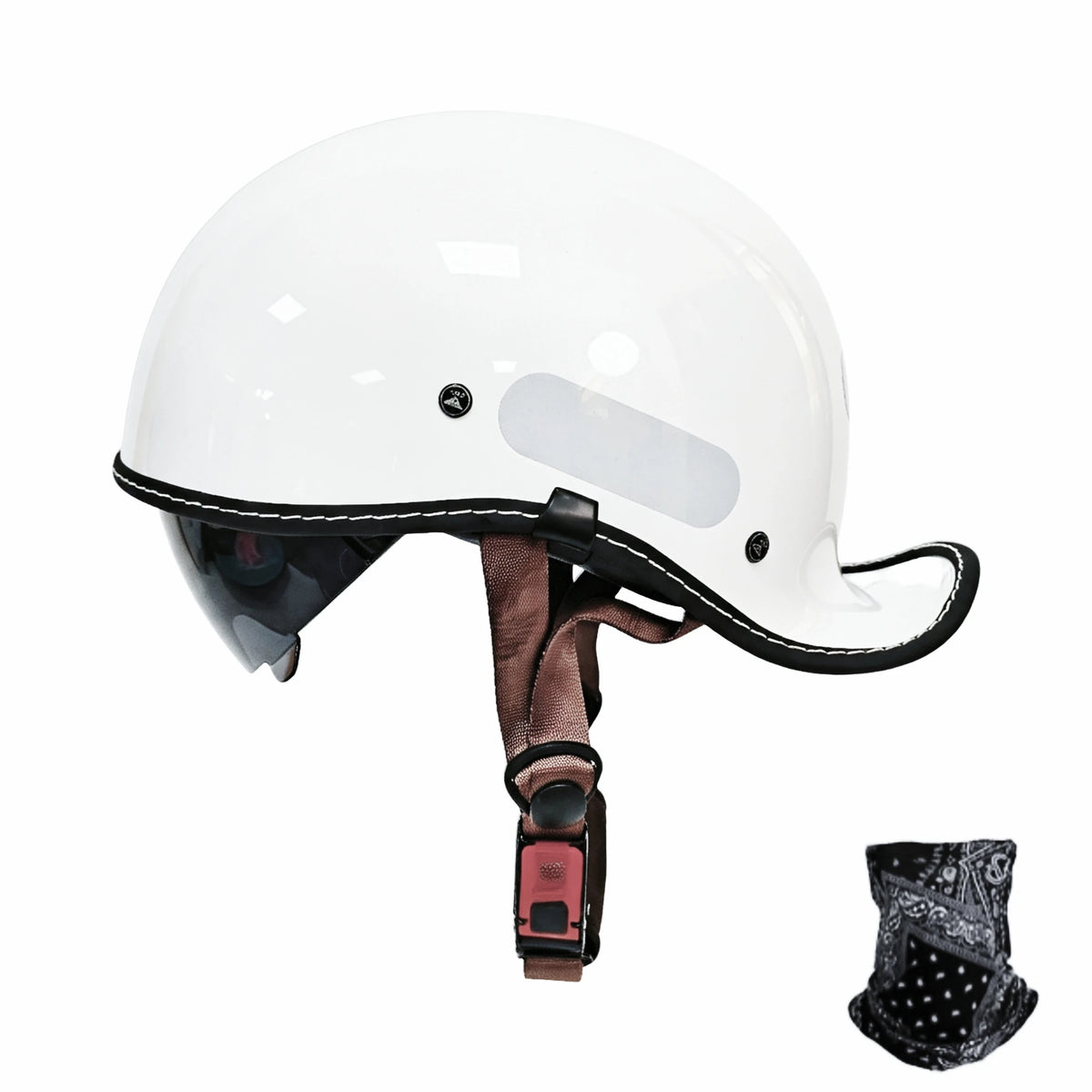Weißes Vintage-Motorradhelm mit braunem Lederriemen und Kinnschutz.