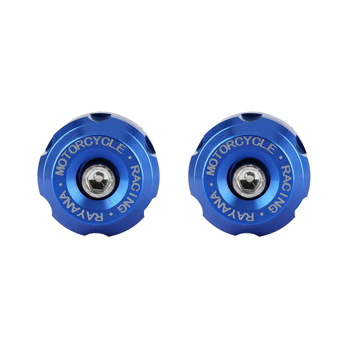 A pair of blue motorcycle racing plugs with the name RAYA and MOTORCYCLE engraved on them.