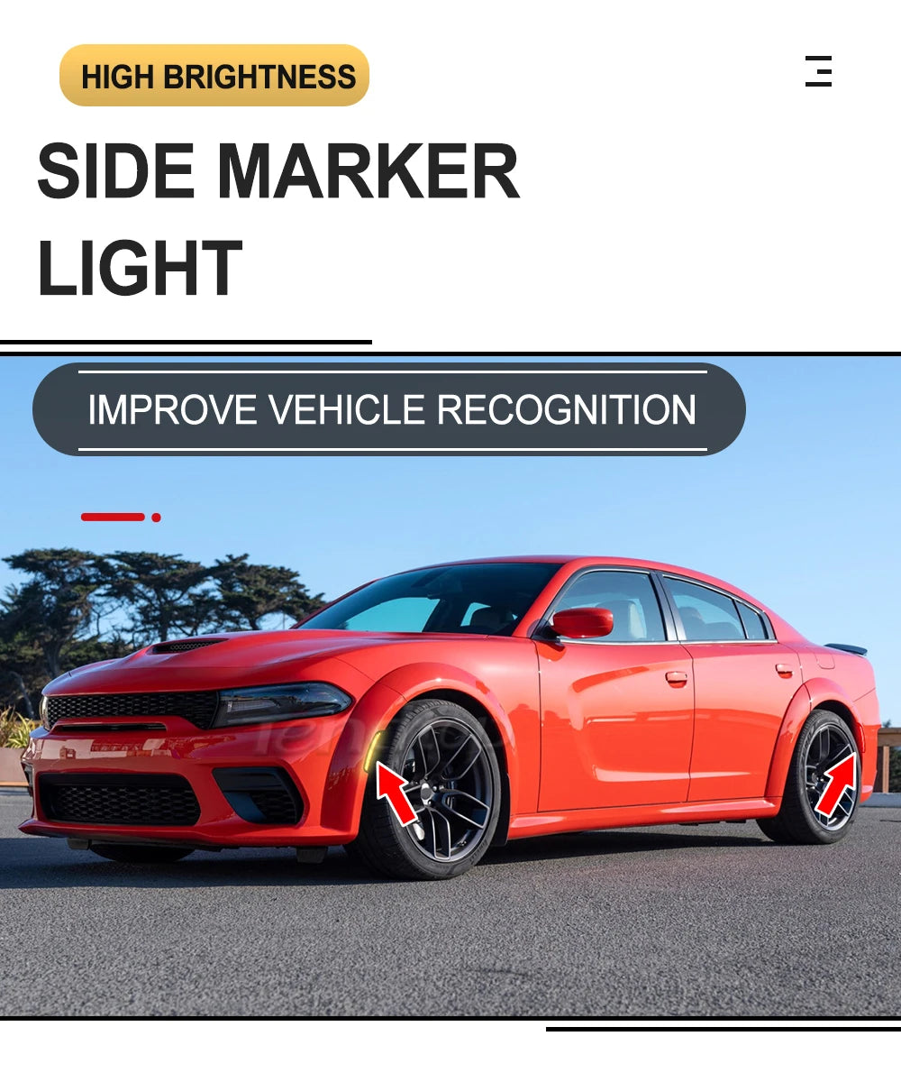 A bright orange Dodge Charger is shown with side marker lights installed, highlighting improved vehicle recognition.