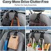 Car headrest hooks for storage organization showing various uses like purse access, keeping bags off the floor, and organizin