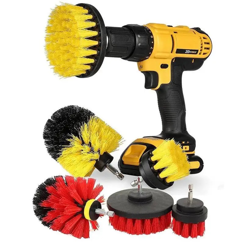 A set of three power scrubber brushes, including a yellow electric brush and two red brushes.