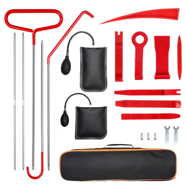 A red heavy-duty car door repair and lock kit showing various tools like picks, levers, and specialized instruments.