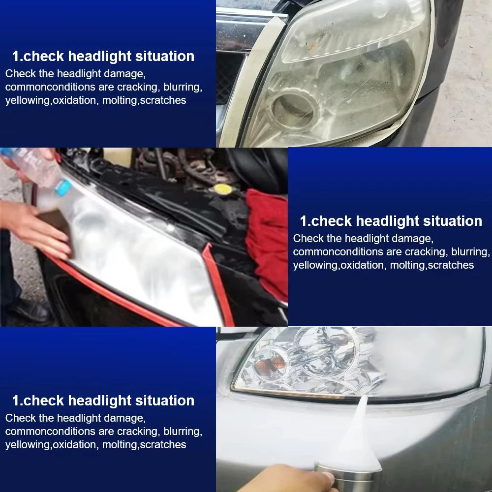 Nahaufnahme eines Auto-Scheinwerfers mit Beschädigung und Restaurierungsprozess.