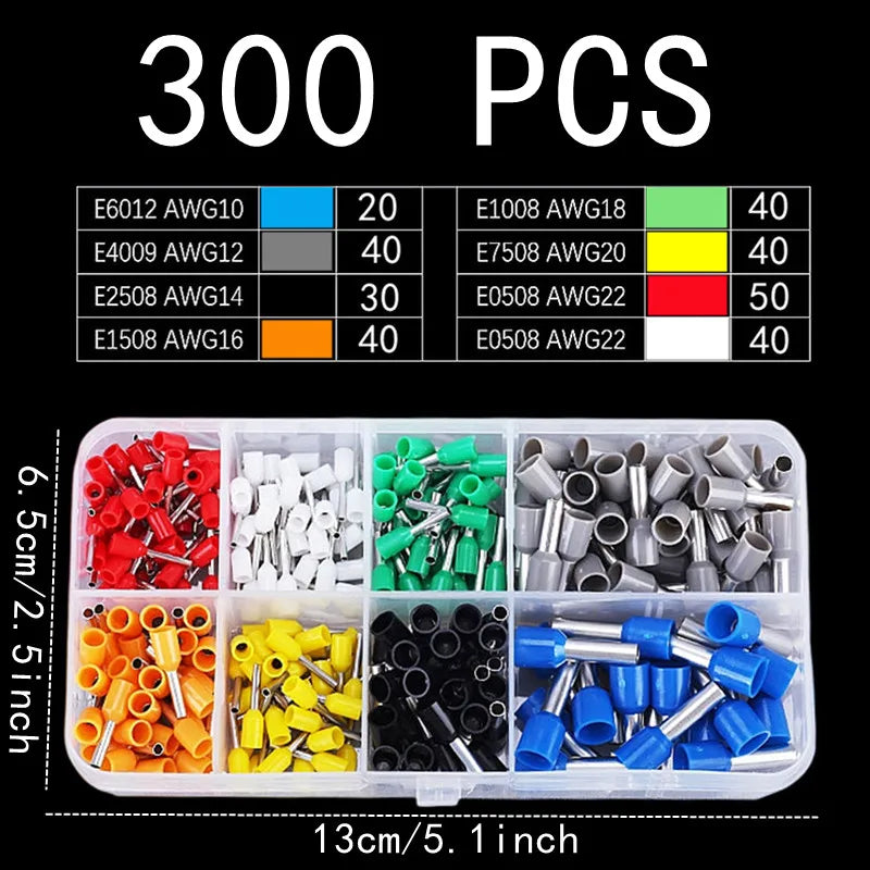 A set of 300 pieces of tube crimping terminals in various colors and sizes, packaged for electrical connections.
