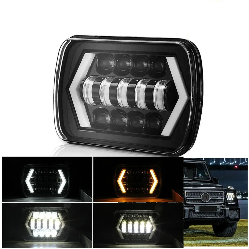 A close-up view of a 7-inch square LED headlight with an integrated turn signal, showing various light patterns.
