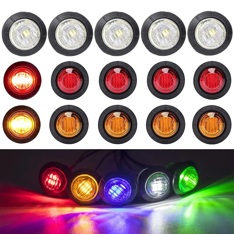 A set of round LED side marker lights for trucks, trailers, and RVs showing various colors and light patterns.