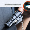 A close-up of an auto emergency self-rescue tool with a window breaker and seatbelt cutter being held by a hand.
