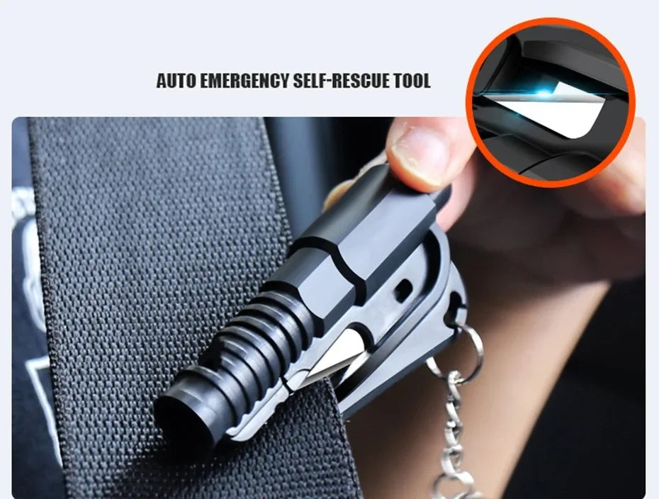 A close-up of an auto emergency self-rescue tool with a window breaker and seatbelt cutter being held by a hand.