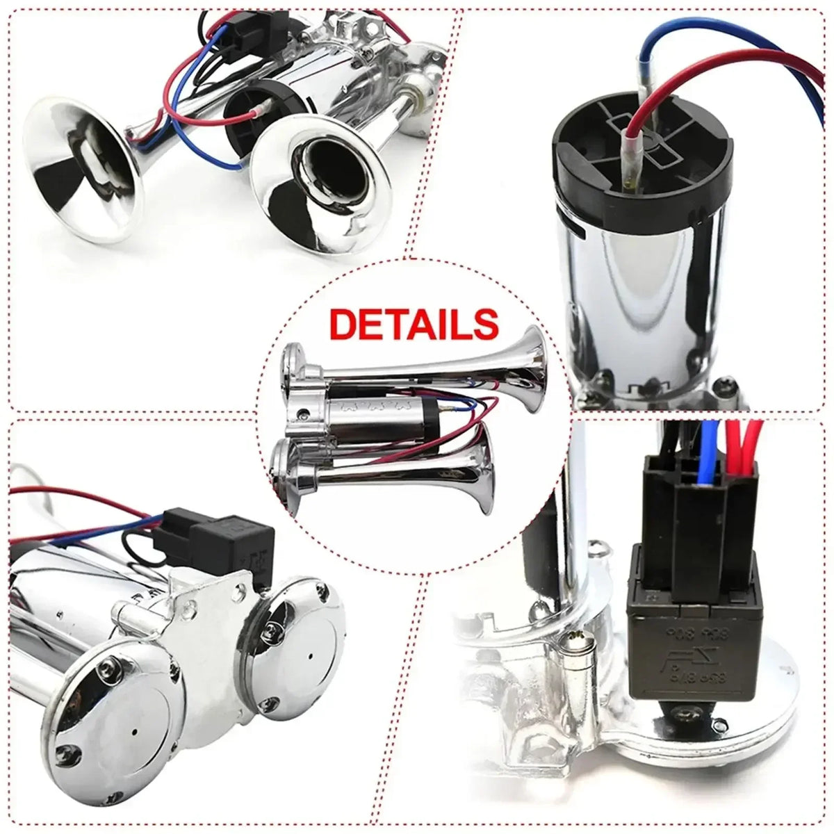 A set of dual air horn kits showing various components including horns, tubing, and mounting hardware.