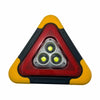 A triangular automotive warning light assembly with a red lens and three yellow-green LED lights set in a black housing.