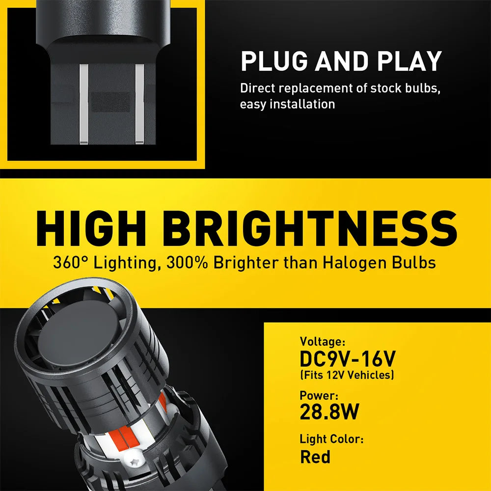 A close-up view of a red LED light assembly for vehicles, highlighting its plug and play installation feature.