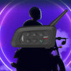A motorcycle Bluetooth intercom helmet system mounted on a bike, set against a purple glowing background.