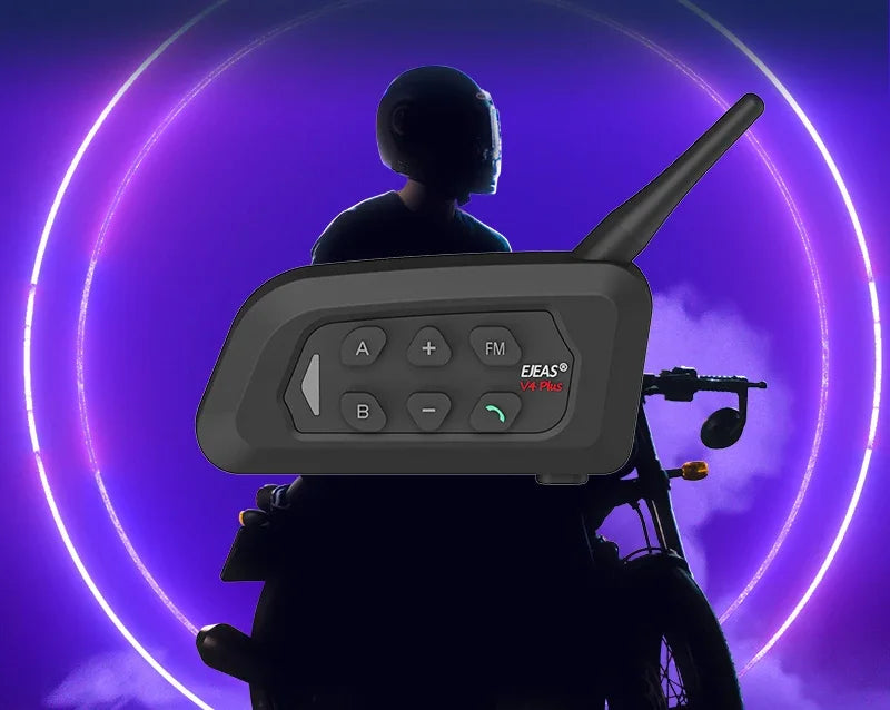 A motorcycle Bluetooth intercom helmet system mounted on a bike, set against a purple glowing background.