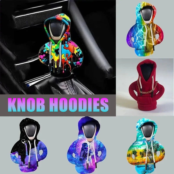 A collection of colorful knob hoodies featuring tie-dye and abstract patterns.