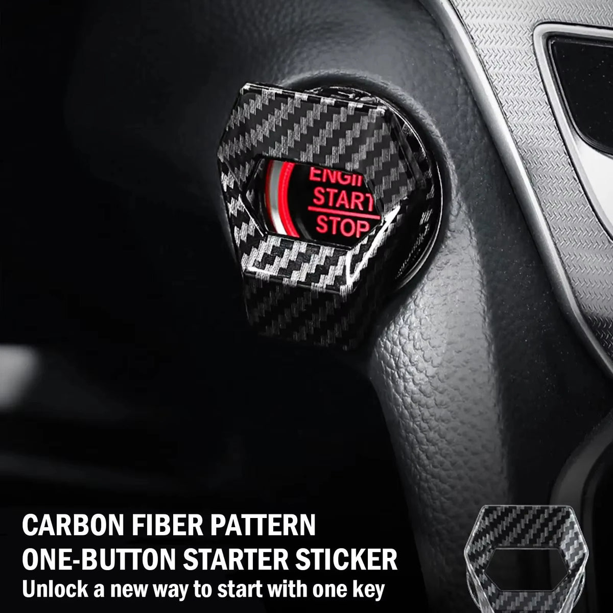 Kohlefaser-Muster Starter-Aufkleber mit einer Taste für den Motorstart/Stopp eines Autos.