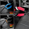 Close-up shots of a universal car steering wheel and seatbelt anti-theft lock in blue, red, and black colors.
