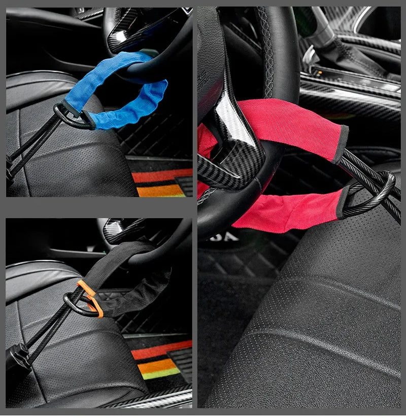 Close-up shots of a universal car steering wheel and seatbelt anti-theft lock in blue, red, and black colors.